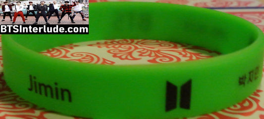 BTS BRACELET PARK JIMIN 박지민 GREEN SILICONE NAME IN WHITE BIRTHDAY BTS DOORS