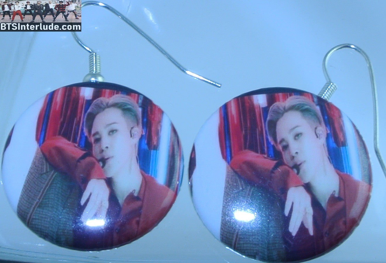 BTS EARRINGS BUTTON PARK JIMIIN 박지민 2 IN 1 FILTER RED SUIT PIERCED OR CLIP DANGLE DROP