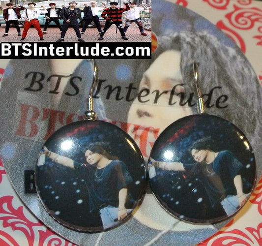 BTS EARRINGS BUTTON SUGA MIN YOONGI 민윤기 2 IN 1 AGUST D TOUR PIERCED OR CLIPS DANGLE DROP