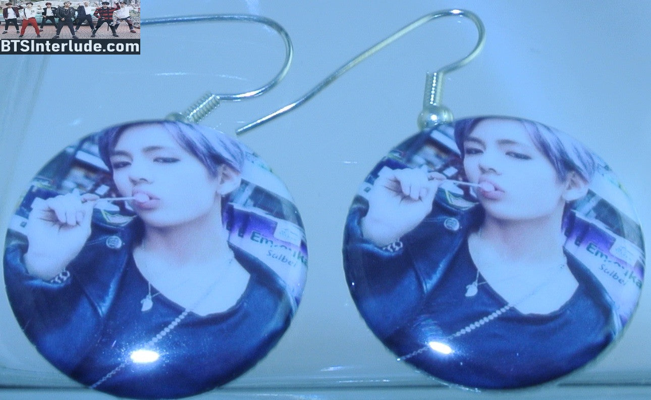 BTS EARRINGS BUTTON V KIM TAEHYUNG 김태형 2 IN 1 WAR OF HORMONE LOLLIPOP PIERCED OR CLIPS DANGLE DROP