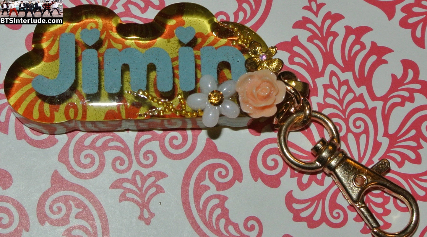 BTS KEYCHAIN ACRYLIC PARK JIMIIN 박지민 NAME BLUE PEARL FLOWERS PINK KEYRING KEY CHAIN RING