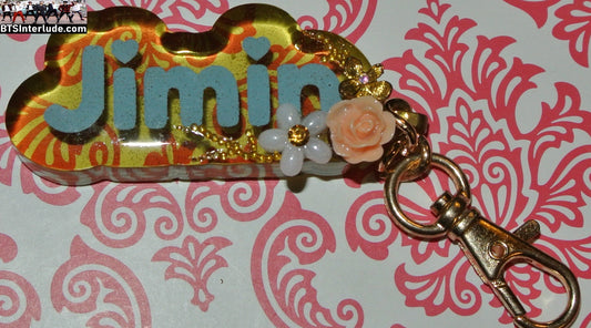 BTS KEYCHAIN ACRYLIC PARK JIMIIN 박지민 NAME BLUE PEARL FLOWERS PINK KEYRING KEY CHAIN RING