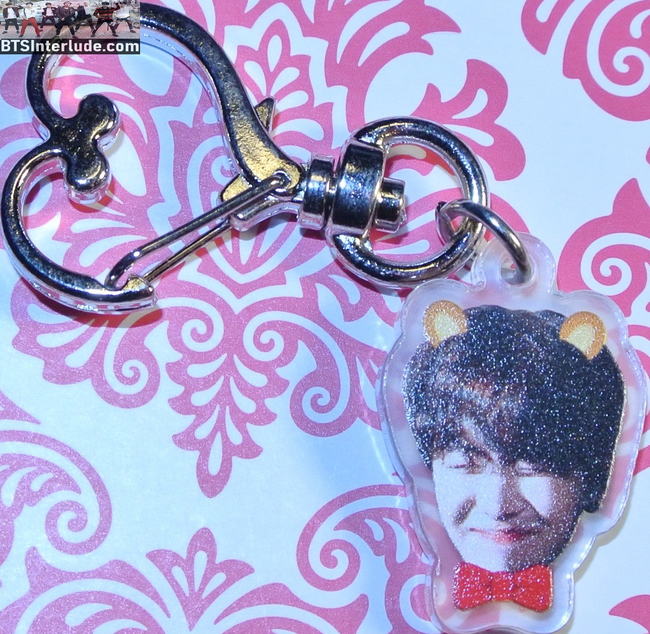 BTS KEYCHAIN ACRYLIC V KIM TAEHYUNG 김태형 BEAR EARS RED BOW TIE FILTER SILVER HEART CLASP CLIP KEYRING KEY RING CHAIN LIMITED EDITION