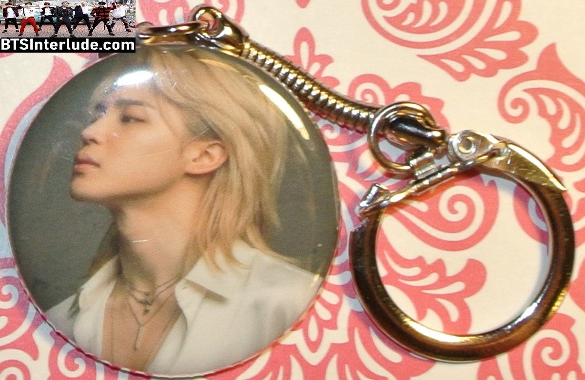 BTS KEYCHAIN BUTTON PARK JIMIN 박지민 WHITE SHIRT LONG BLOND HAIR PROFILE KEYRING KEY CHAIN RING