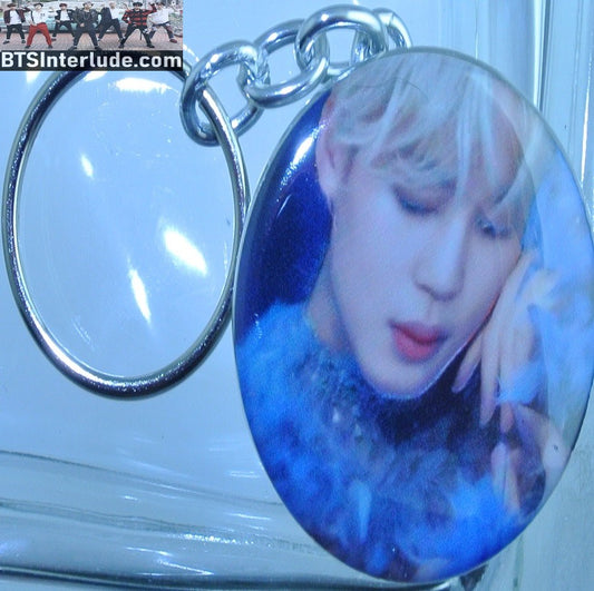 BTS KEYCHAIN BUTTON PARK JIMIN 박지민 BLUE FLUFFY SWEATER KEYRING KEY CHAIN RING