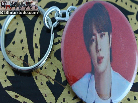 BTS KEYCHAIN BUTTON JIN KIM SEOKJIN 김석진 WHITE JACKET RED BACKGROUND KEYRING KEY RING CHAIN