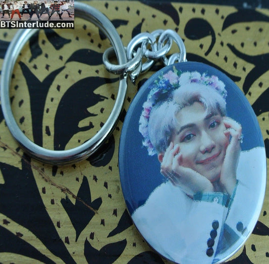 BTS KEYCHAIN BUTTON RM KIM NAMJOON 김남준 BLOND HAIR FLOWER CROWN TIARA FANSIGN KEYRING KEY RING CHAIN