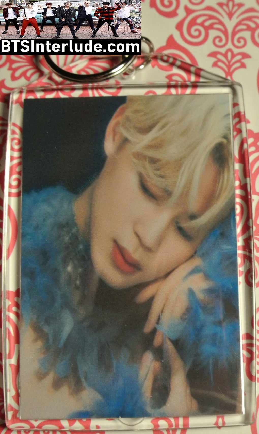 BTS KEYCHAIN PARK JIMIN 박지민 LONG BLOND HAIR WHITE SHIRT PROFILE BLUE FEATHERS LARGE SNAP KEYRING KEY CHAIN RING