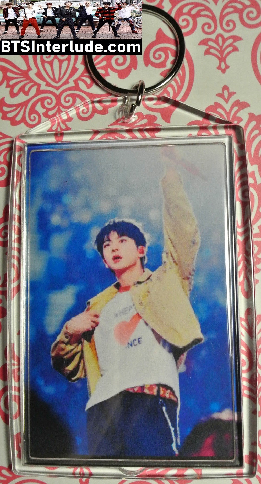 BTS KEYCHAIN ACRYLIC JIN KIM SEOKJIN 김석진 ARIRANG ENDING TAN JACKET LARGE SNAP KEYRING KEY CHAIN RING LIMITED EDITION