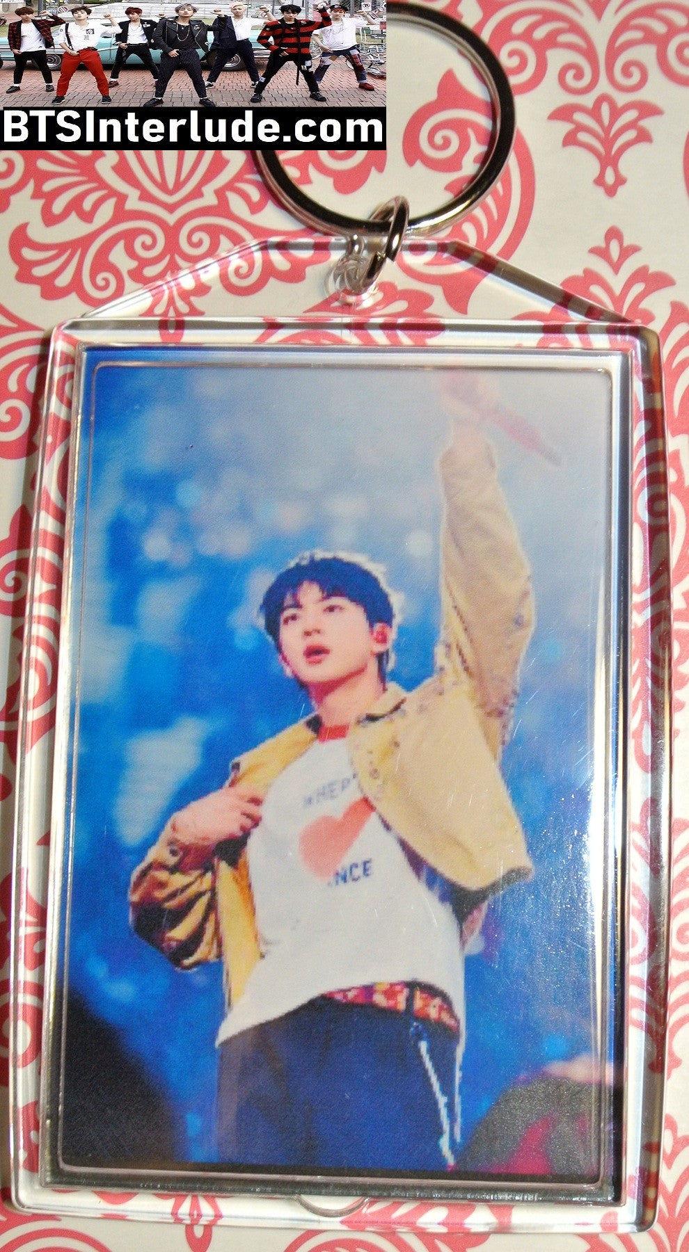 BTS KEYCHAIN ACRYLIC JIN KIM SEOKJIN 김석진 ARIRANG ENDING TAN JACKET LARGE SNAP KEYRING KEY CHAIN RING LIMITED EDITION