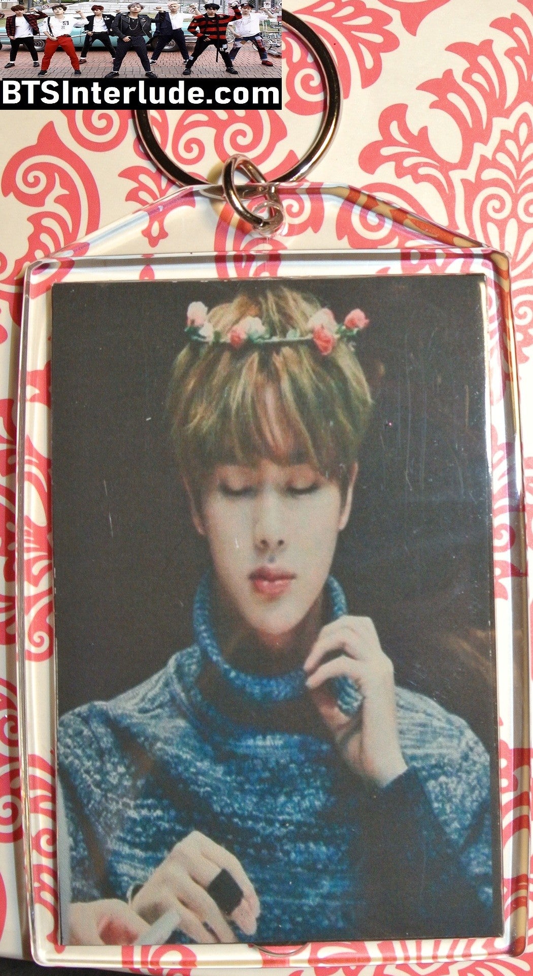 BTS KEYCHAIN ACRYLIC JIN KIM SEOKJIN 김석진 FLOWER TIARA NAVY SWEATER LARGE SNAP KEYRING KEY CHAIN RING LIMITED EDITION