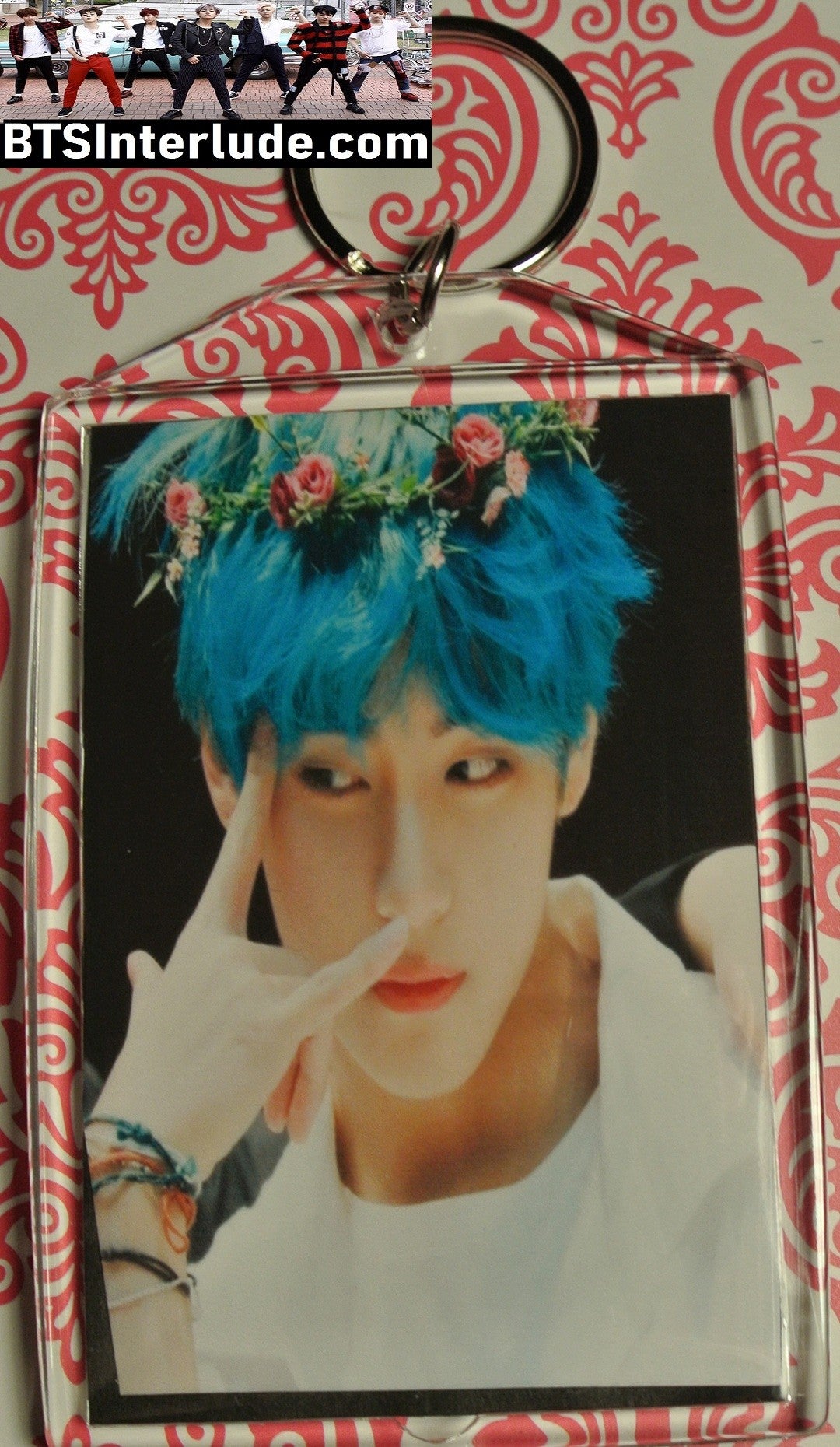 BTS KEYCHAIN ACRYLIC V KIM TAEHYUNG 김태형 BLUE HAIR FLOWER TIARS I LOVE YOU STARE LARGE SNAP KEYRING KEY RING CHAIN LIMITED EDITION