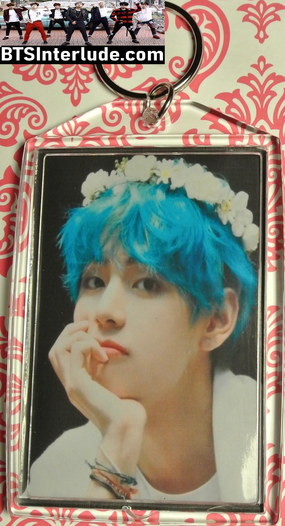 BTS KEYCHAIN ACRYLIC V KIM TAEHYUNG 김태형 BLUE HAIR FLOWER TIARS I LOVE YOU STARE LARGE SNAP KEYRING KEY RING CHAIN LIMITED EDITION