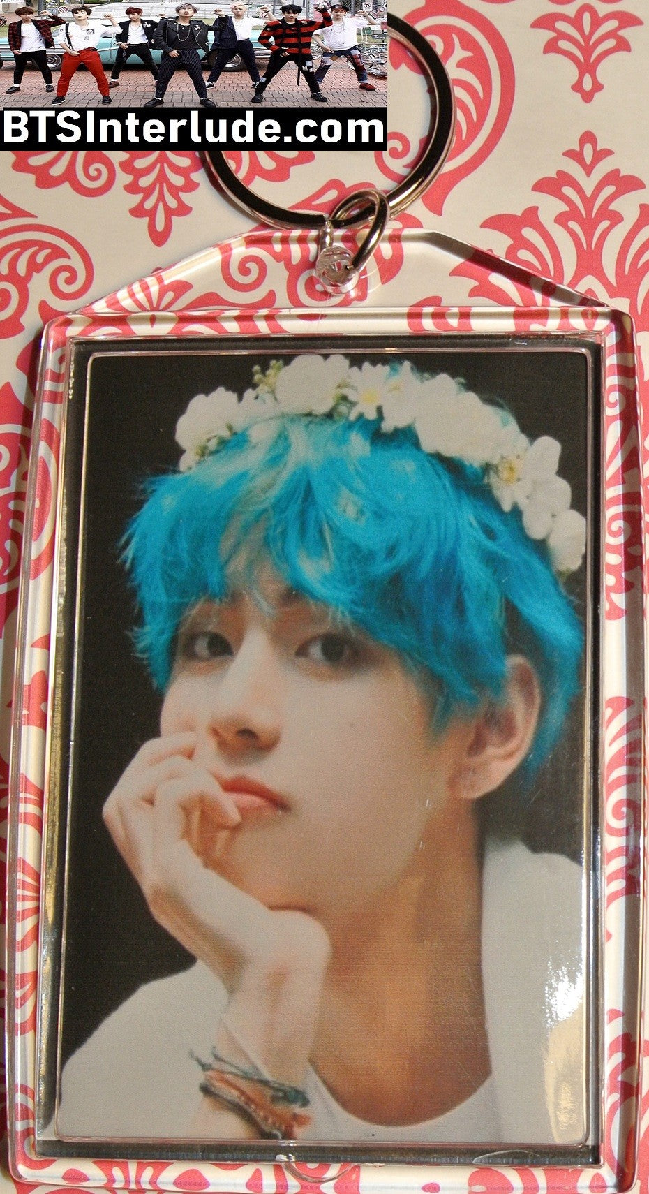 BTS KEYCHAIN ACRYLIC V KIM TAEHYUNG 김태형 BLUE HAIR FLOWER TIARS I LOVE YOU STARE LARGE SNAP KEYRING KEY RING CHAIN LIMITED EDITION