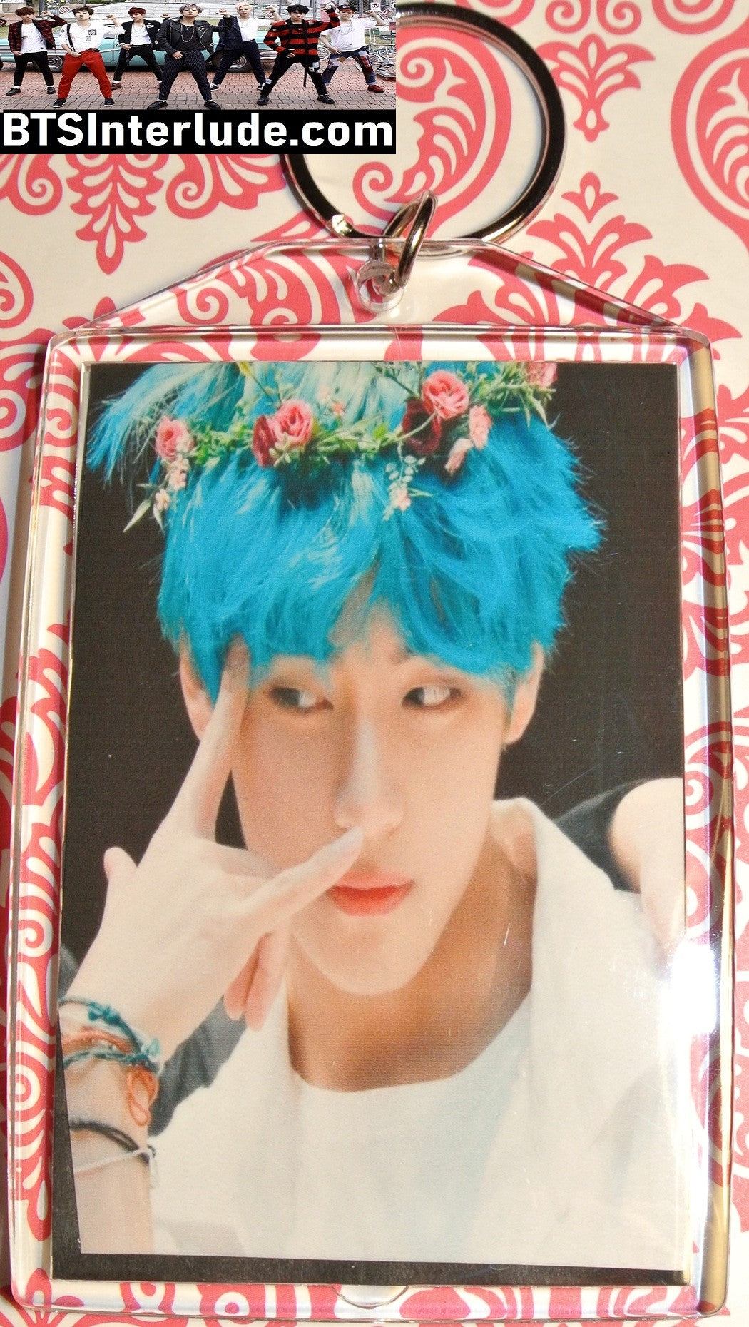 BTS KEYCHAIN ACRYLIC V KIM TAEHYUNG 김태형 BLUE HAIR FLOWER TIARS I LOVE YOU STARE LARGE SNAP KEYRING KEY RING CHAIN LIMITED EDITION
