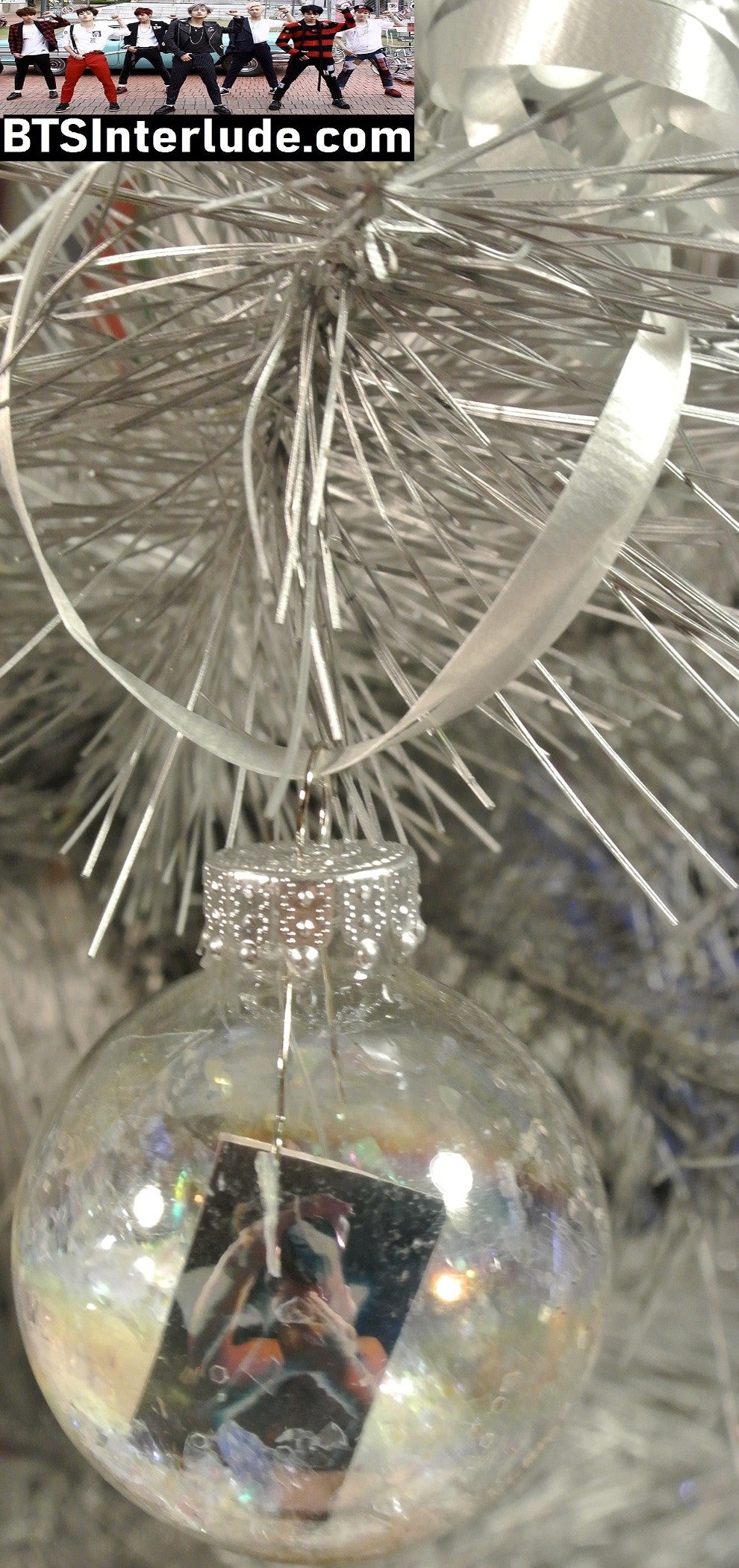 BTS CHRISTMAS ORNAMENT GLASS 1.75 INCH PARK JIMIN 박지민 WHITE GLITTER BACKLIT LEANING BACK DICON WHITE SHOOT LIMITED EDITION