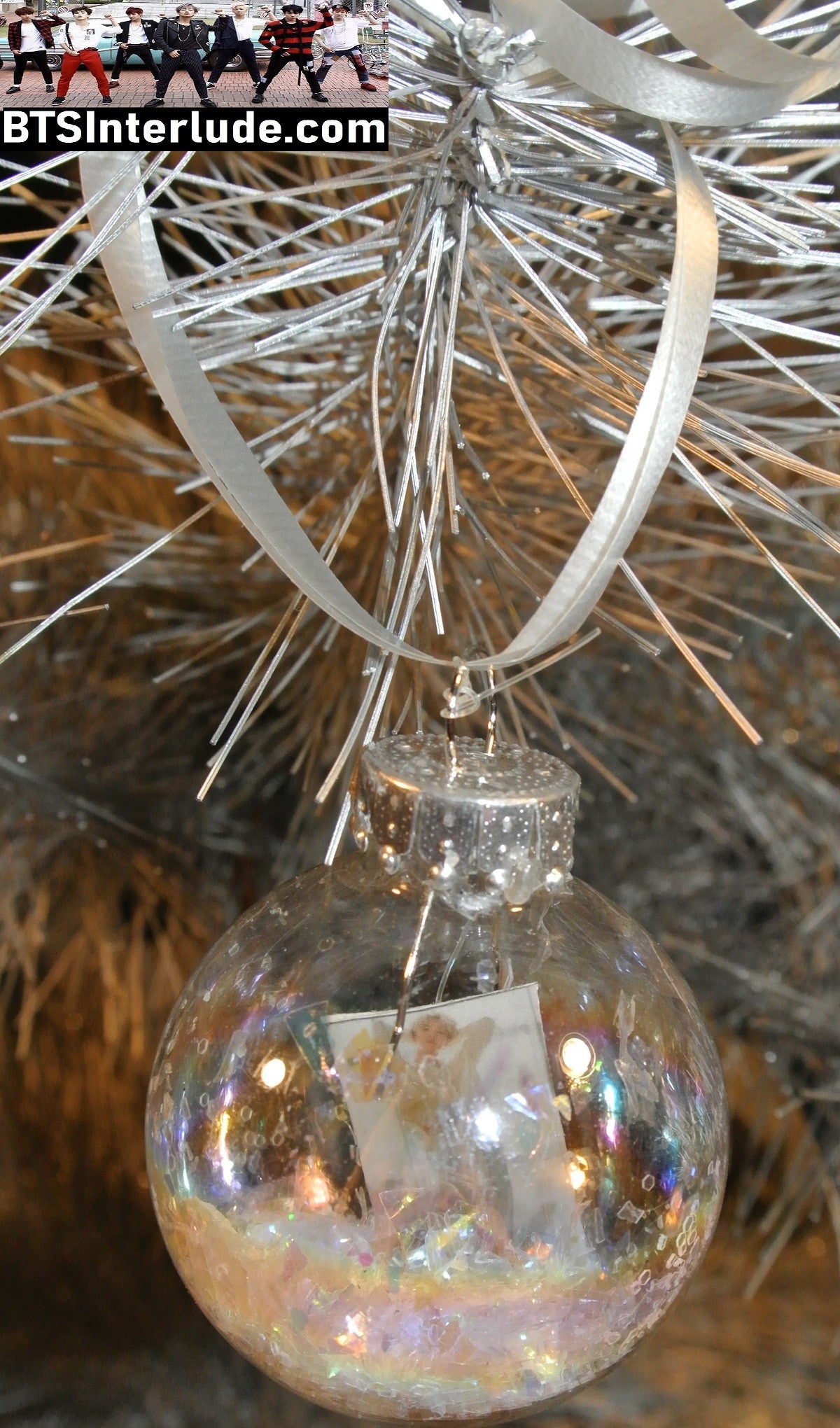 BTS CHRISTMAS ORNAMENT GLASS 1.75 INCH PARK JIMIN 박지민 WHITE GLITTER BACKLIT LEANING BACK DICON WHITE SHOOT LIMITED EDITION