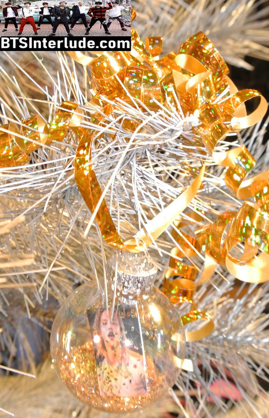 BTS CHRISTMAS ORNAMENT GLASS 1.75 INCH PARK JIMIN 박지민 GOLD GLITTER ARIRANG TAN SHIRT BLOND PRINCE LIMITED EDITION