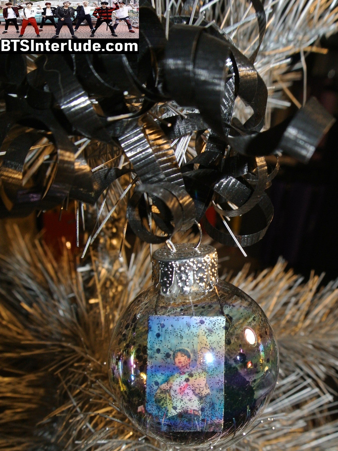 BTS CHRISTMAS ORNAMENT GLASS 1.75 INCH JIN KIM SEOKJIN 김석진 BLACK GLITTER ARIRANG ENDING TAN JACKET LIMITED EDITION