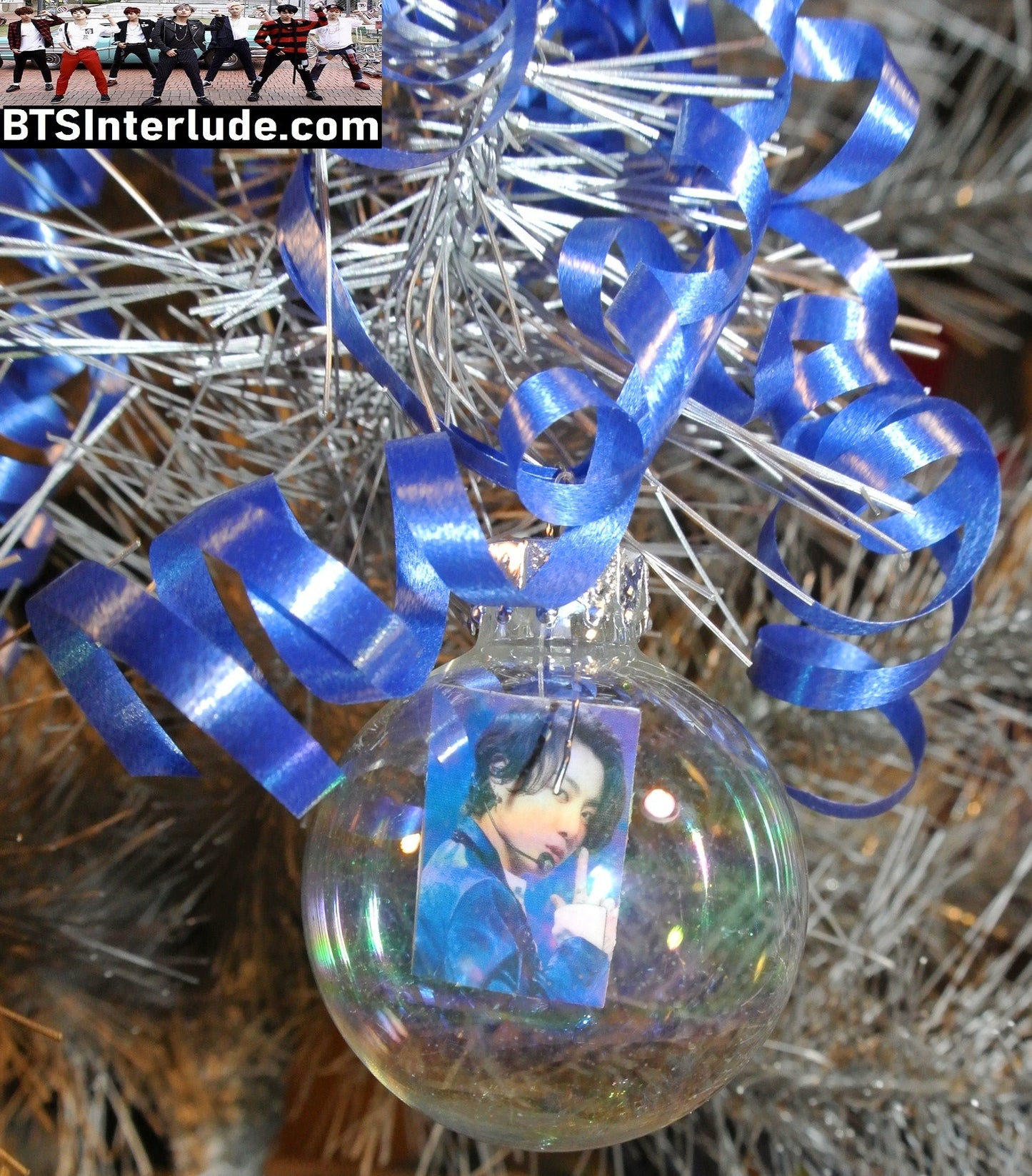 BTS CHRISTMAS ORNAMENT GLASS 1.75 INCH JEON JUNGKOOK 전정국 BLUE VELVET JACKET HAND ON CHIN TATTOO LIMITED EDITION