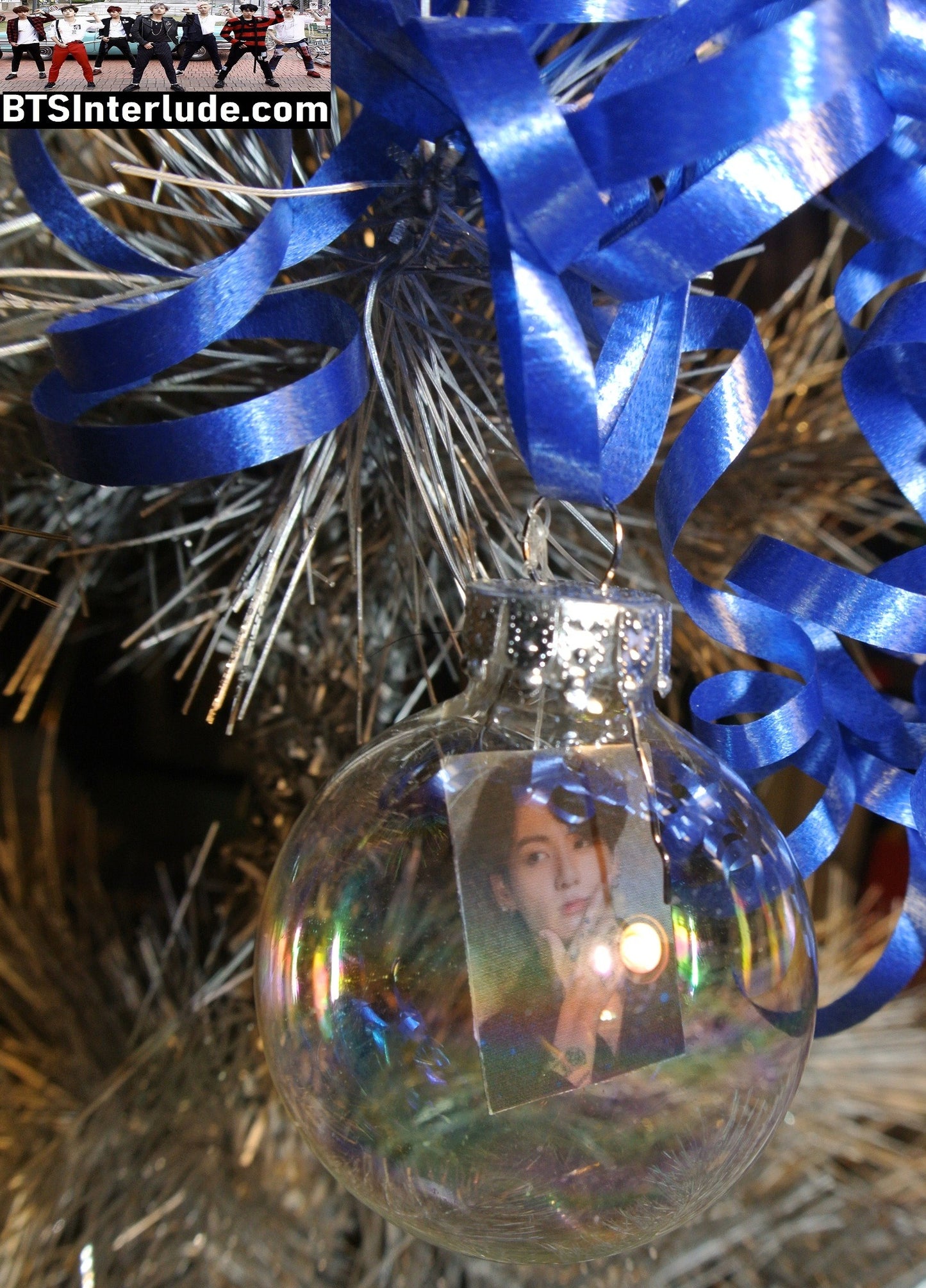 BTS CHRISTMAS ORNAMENT GLASS 1.75 INCH JEON JUNGKOOK 전정국 BLUE VELVET JACKET HAND ON CHIN TATTOO LIMITED EDITION