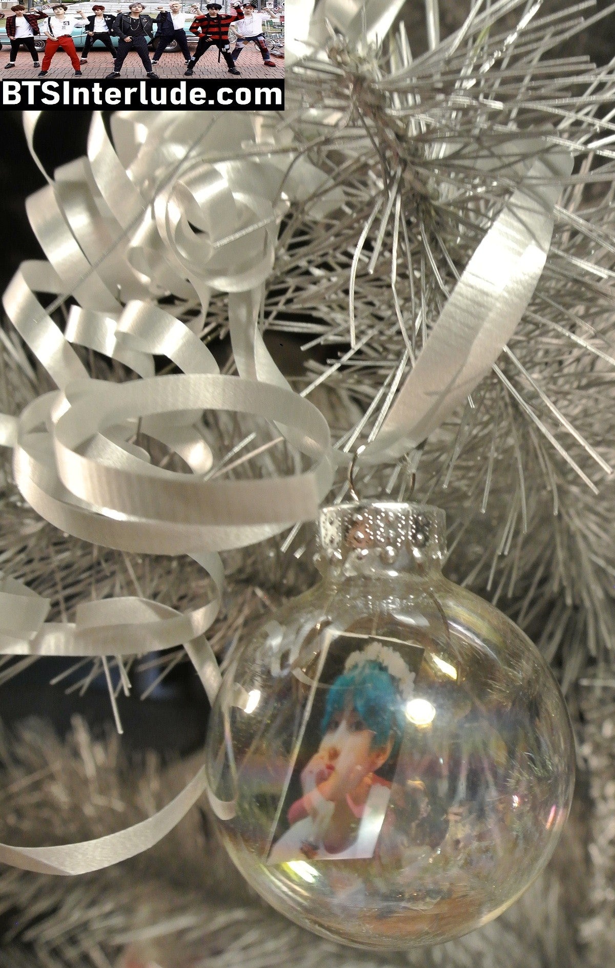 BTS CHRISTMAS ORNAMENT GLASS 1.75 INCH V KIM TAEHYUNG 김태형 BLUE HAIR FLOWER TIARA STARE LIMITED EDITION