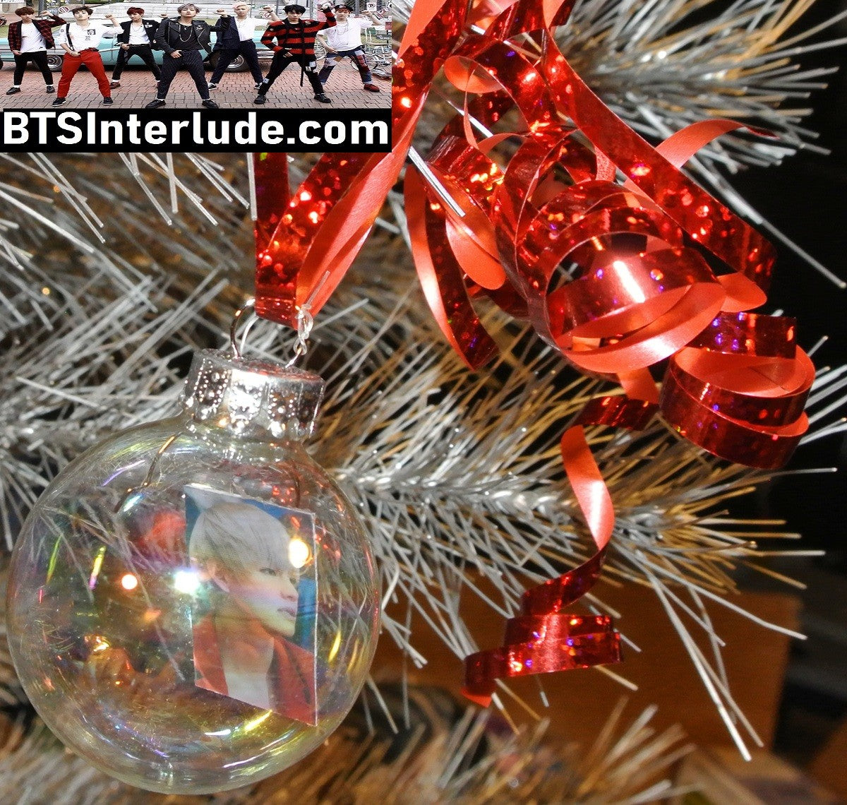 BTS CHRISTMAS ORNAMENT GLASS 1.75 INCH V KIM TAEHYUNG 김태형 RED JACKET TONGUE BLOND HAIR LIMITED EDITION