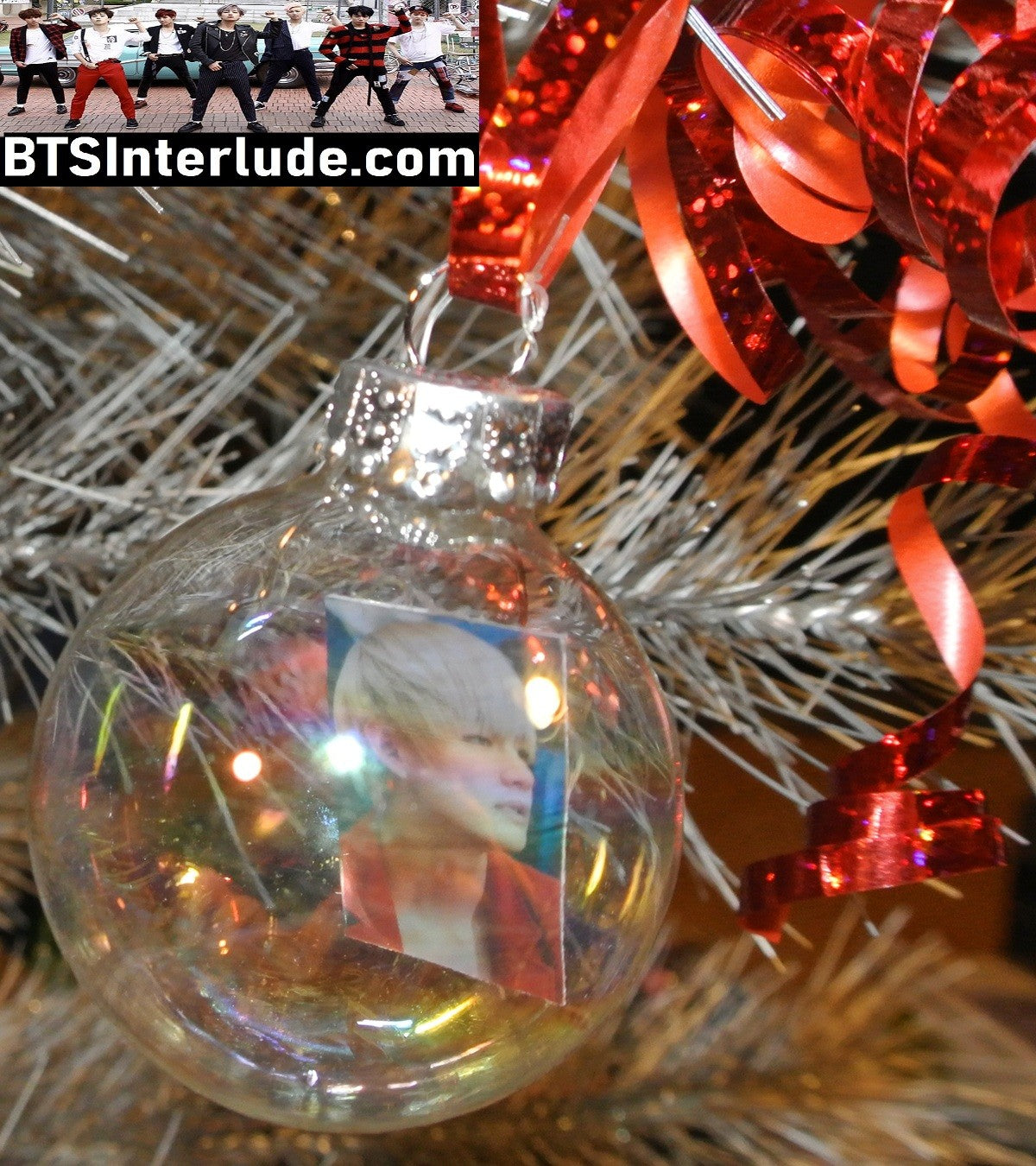 BTS CHRISTMAS ORNAMENT GLASS 1.75 INCH V KIM TAEHYUNG 김태형 RED JACKET TONGUE BLOND HAIR LIMITED EDITION