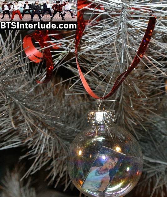 BTS CHRISTMAS ORNAMENT GLASS 1.75 INCH V KIM TAEHYUNG 김태형 ARIRANG RED JACKET WHITE TANK TOP TONGUE LIMITED EDITION