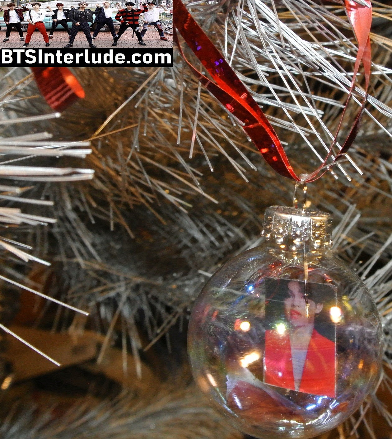 BTS CHRISTMAS ORNAMENT GLASS 1.75 INCH V KIM TAEHYUNG 김태형 RED JACKET TONGUE RED SWEATER CELL BLOND HAIR LIMITED EDITION