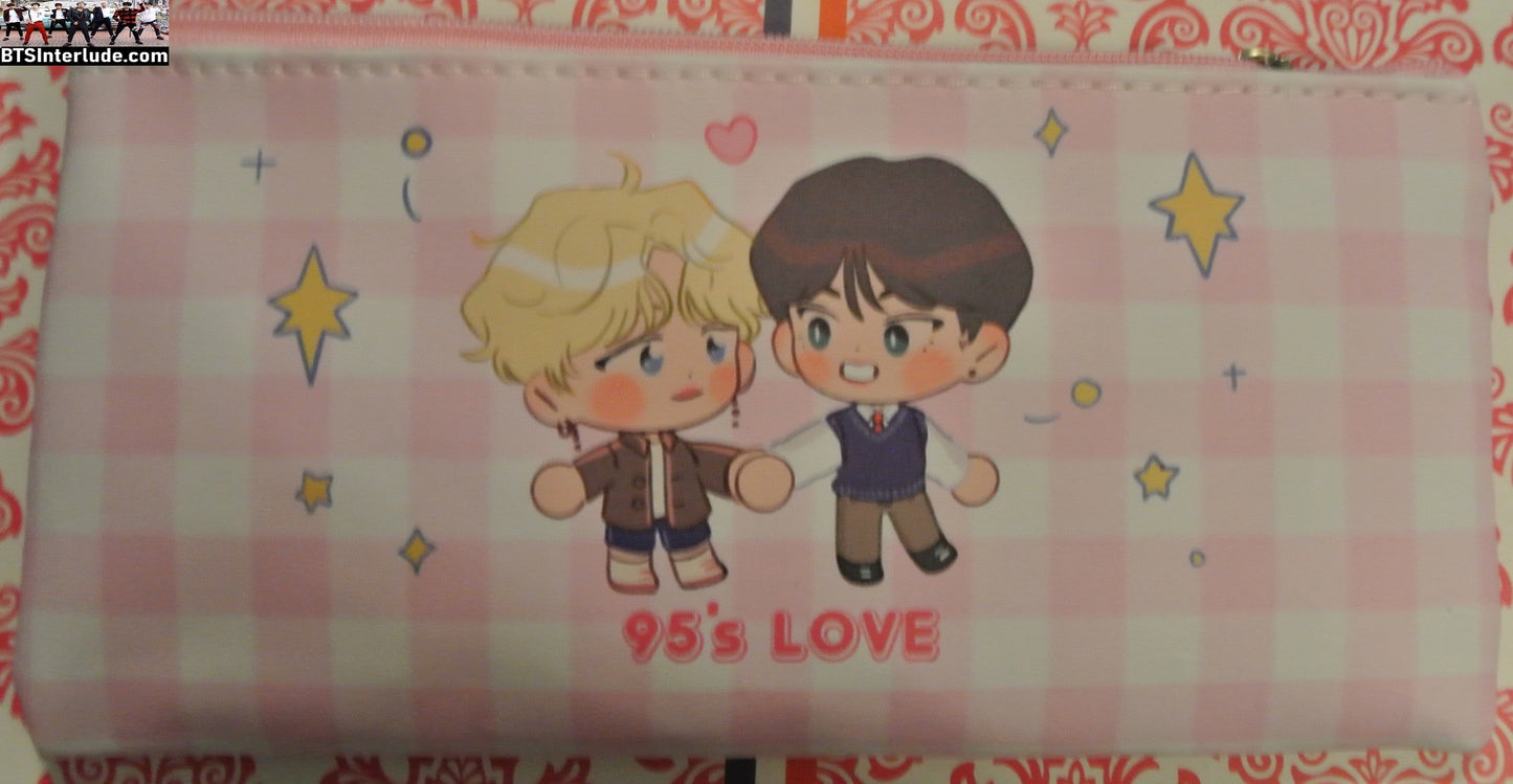 BTS BAG COSMETICS JEWELRY PENCIL PINK WHITE PLAID PARK JIMIN V KIM TAEHYUNG CHIBIS POUCH ZIPPER CLOSE TRAVEL