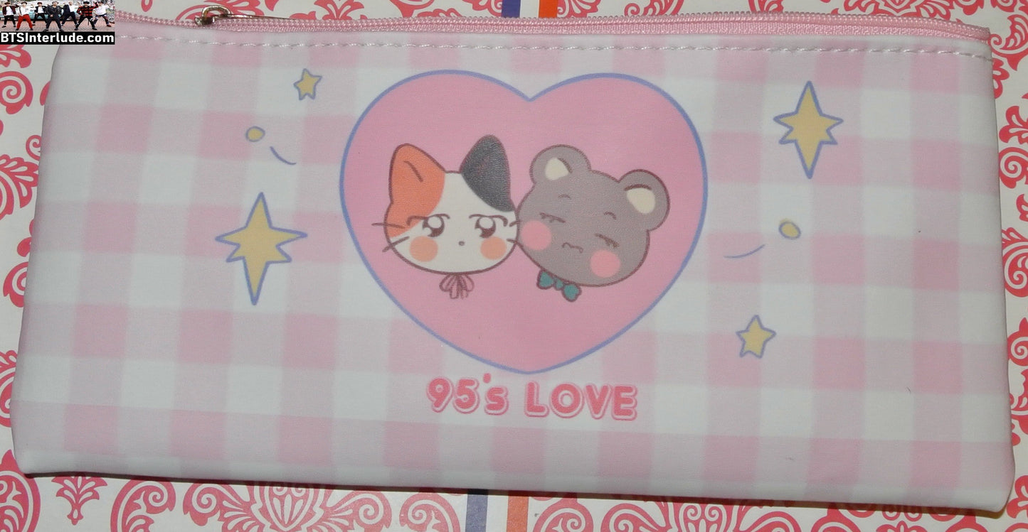 BTS BAG COSMETICS JEWELRY PENCIL PINK WHITE PLAID PARK JIMIN V KIM TAEHYUNG CHIBIS POUCH ZIPPER CLOSE TRAVEL