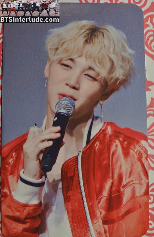 BTS PHOTOCARD FANSITE PARK JIMIN  박지민 BLOND HAIR RED JACKET MIC FANSIGN PHOTO CARD