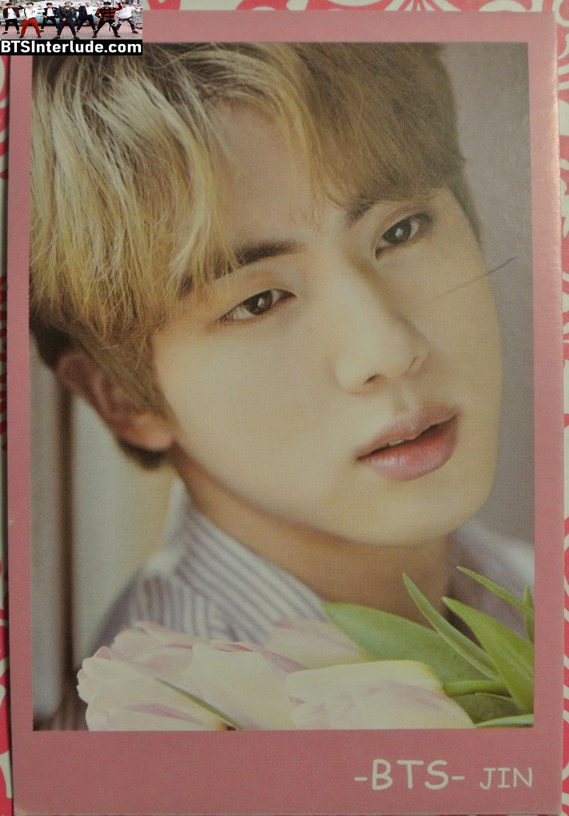 BTS PHOTOCARD FANSITE JIN KIM SEOKJIN 김석진 BLOND HAIR PINK FRAME PINSTRIPES CLOSEUP PC PHOTO CARD