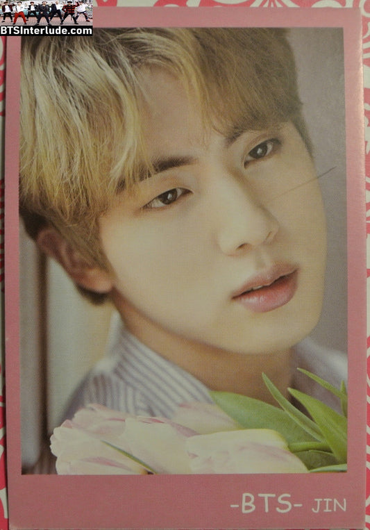 BTS PHOTOCARD FANSITE JIN KIM SEOKJIN 김석진 BLOND HAIR PINK FRAME PINSTRIPES CLOSEUP PC PHOTO CARD