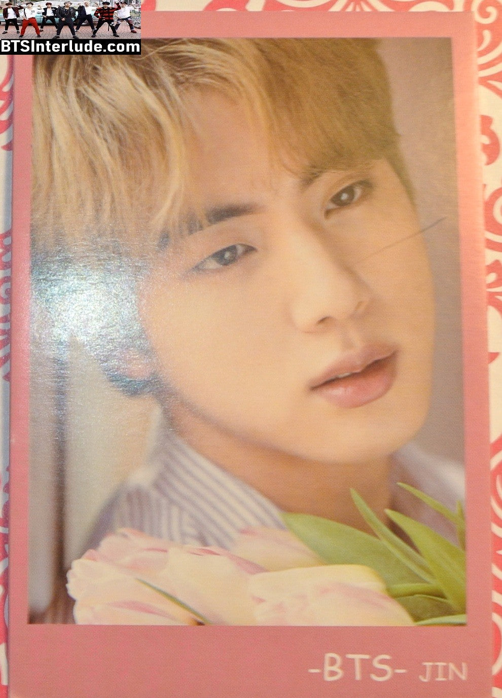 BTS PHOTOCARD FANSITE JIN KIM SEOKJIN 김석진 BLOND HAIR PINK FRAME PINSTRIPES CLOSEUP PC PHOTO CARD