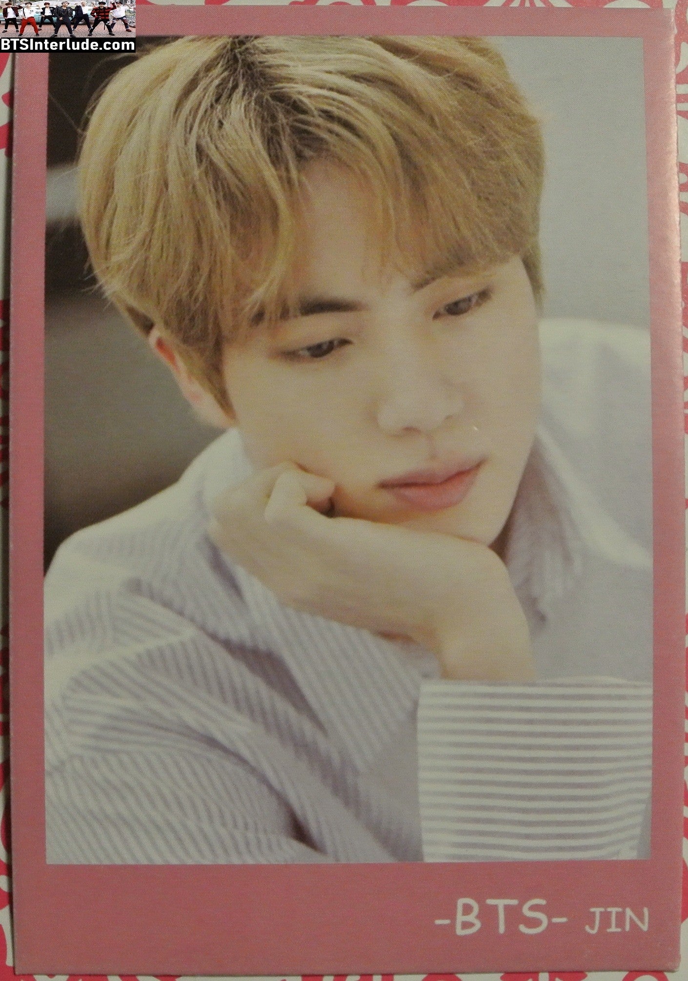 BTS PHOTOCARD FANSITE JIN KIM SEOKJIN 김석진 BLOND HAIR PINK FRAME PINSTRIPES LOOKING DOWN PC PHOTO CARD
