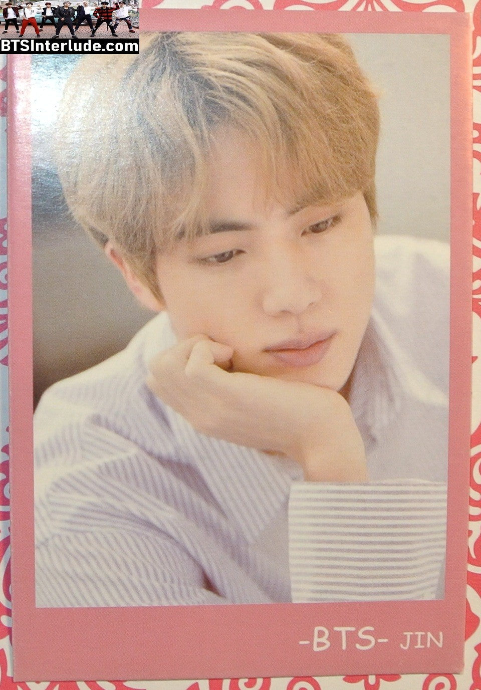 BTS PHOTOCARD FANSITE JIN KIM SEOKJIN 김석진 BLOND HAIR PINK FRAME PINSTRIPES LOOKING DOWN PC PHOTO CARD