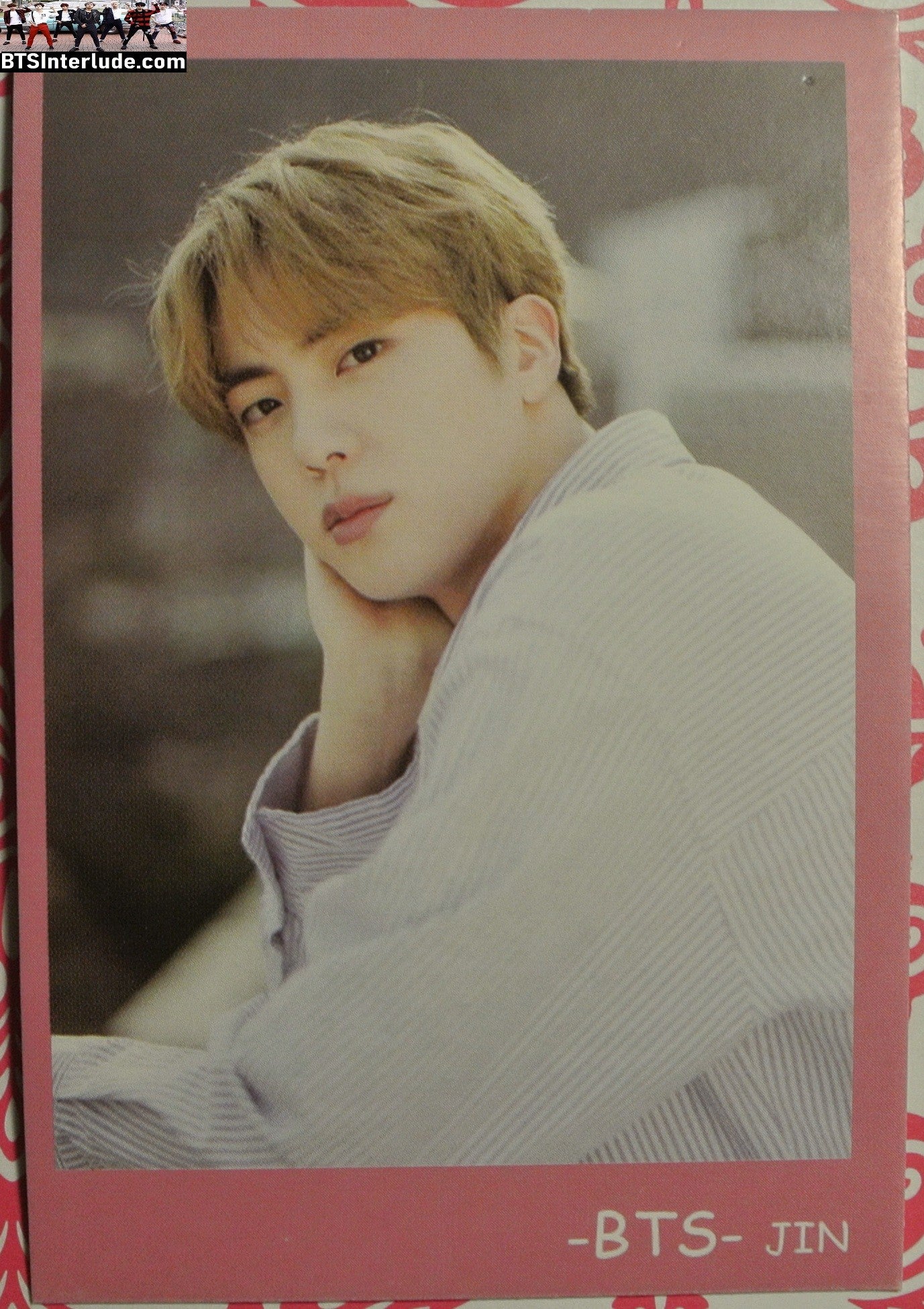 BTS PHOTOCARD FANSITE JIN KIM SEOKJIN 김석진 BLOND HAIR PINK FRAME WHITE JACKET TURN PC PHOTO CARD