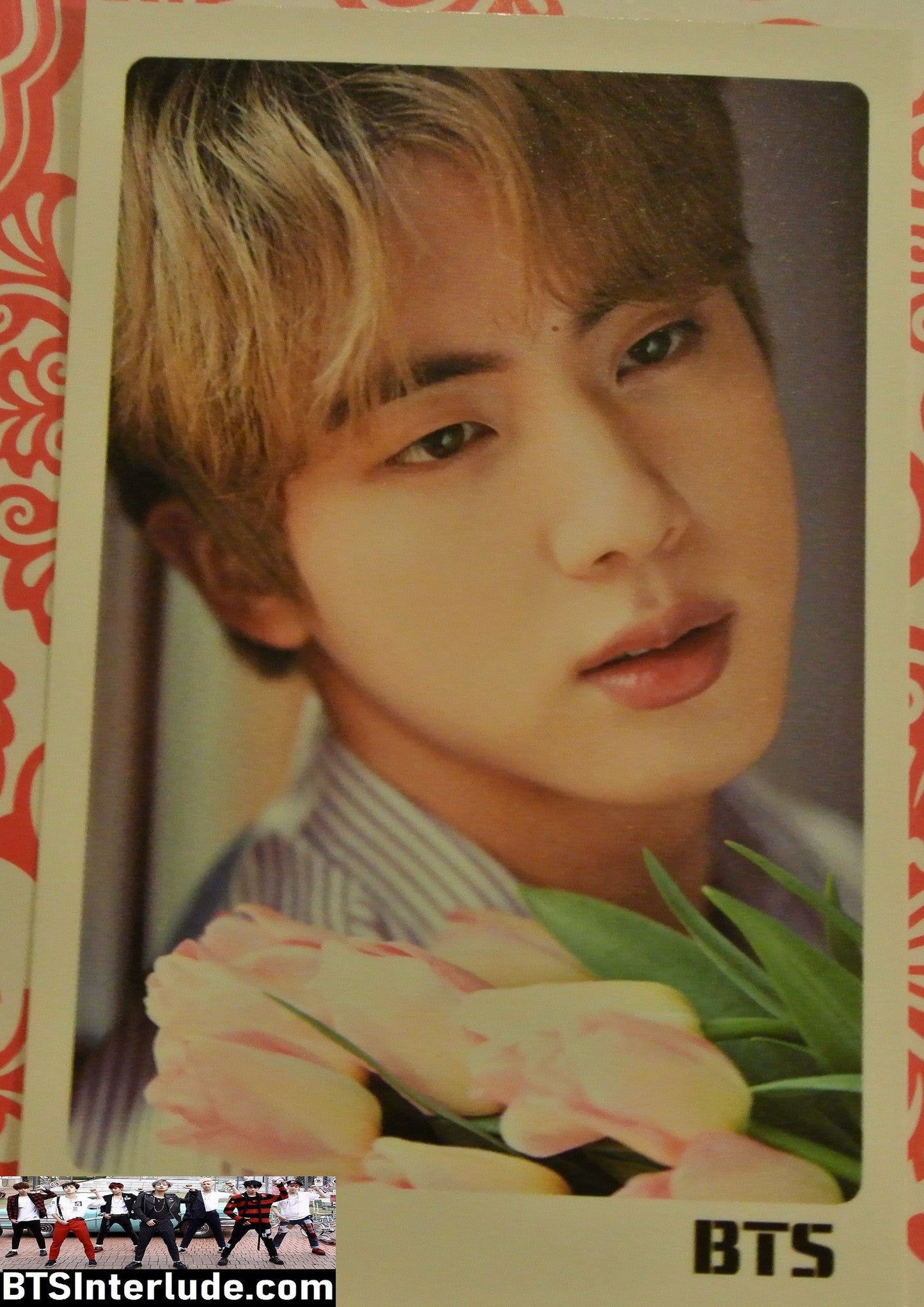 BTS PHOTOCARD FANSITE JIN KIM SEOKJIN 김석진 STRIPED SHIRT PINK FLOWERS PHOTO CARD PC
