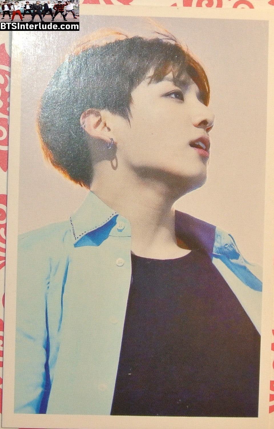 BTS PHOTOCARD FANSITE JEON JUNGKOOK 전정국 BLACK SHIRT BLUE SATIN SHIRT 3/4 PROFILE PC PHOTO CARD