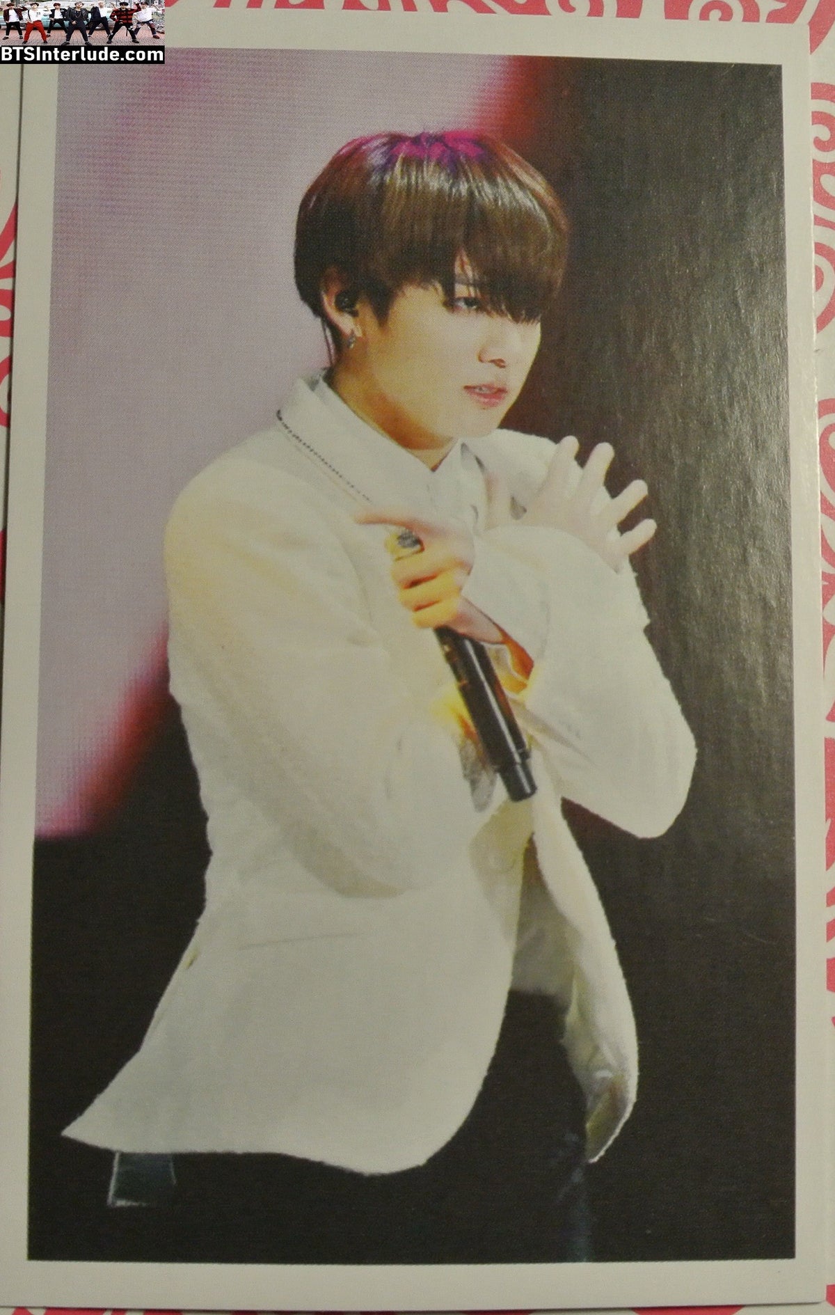 BTS PHOTOCARD FANSITE JEON JUNGKOOK 전정국 WHITE SATIN JACKET ARMS CROSSED MIC PC PHOTO CARD