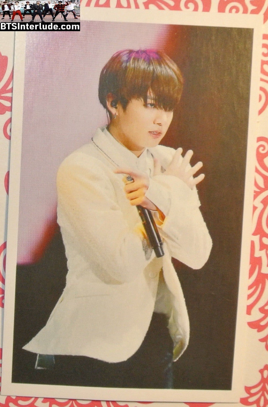 BTS PHOTOCARD FANSITE JEON JUNGKOOK 전정국 WHITE SATIN JACKET ARMS CROSSED MIC PC PHOTO CARD