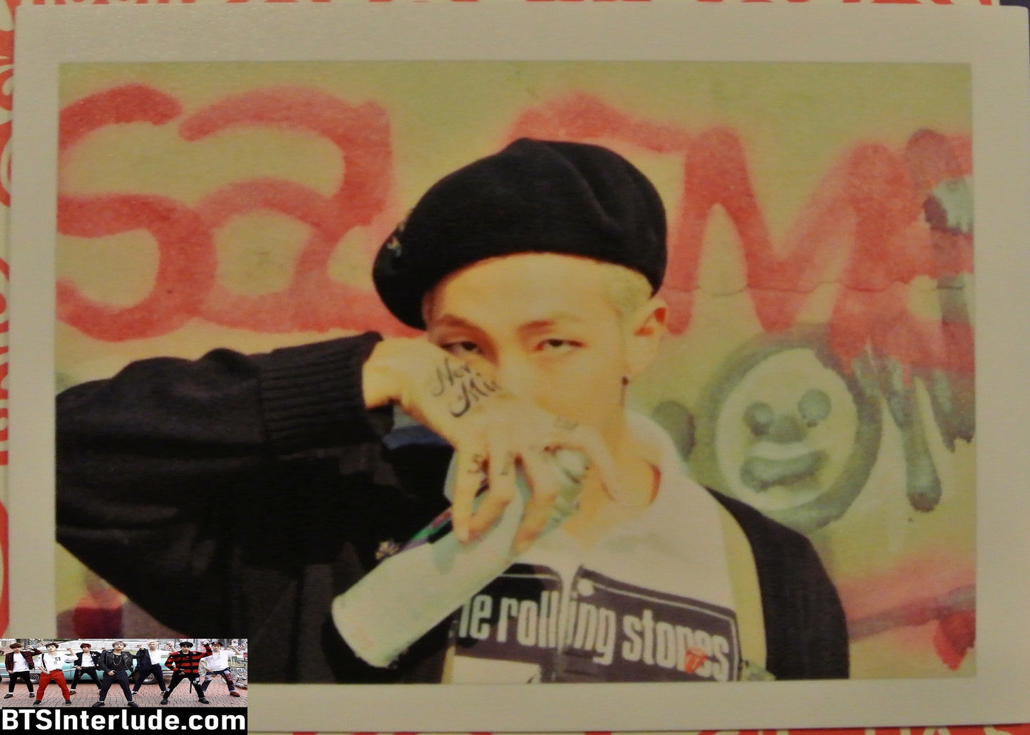BTS PHOTOCARD FANSITE RM KIM NAMJOON 김남준 BLOND PINK HAIR BERET SPRAY PAINT PHOTO CARD PC