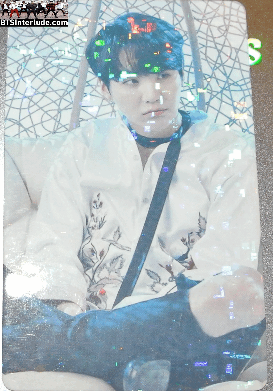 BTS PHOTOCARD FANSITE SUGA MIN YOONGI 민윤기 GLITTER WHITE SHIRT BLACK FLOWERS 7 DRAGONS 0613 FANSITE PHOTO CARD PC
