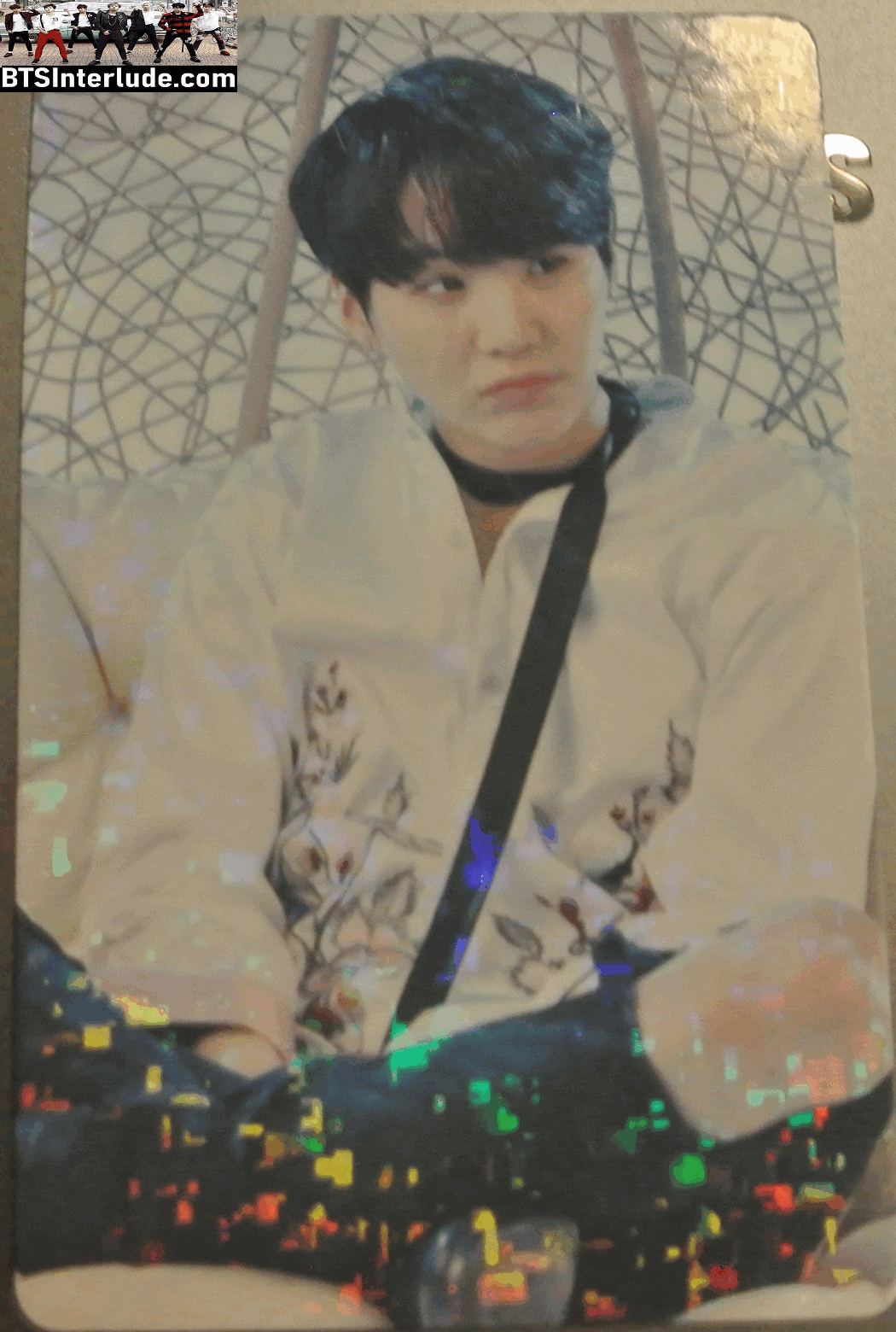 BTS PHOTOCARD FANSITE SUGA MIN YOONGI 민윤기 GLITTER WHITE SHIRT BLACK FLOWERS 7 DRAGONS 0613 FANSITE PHOTO CARD PC