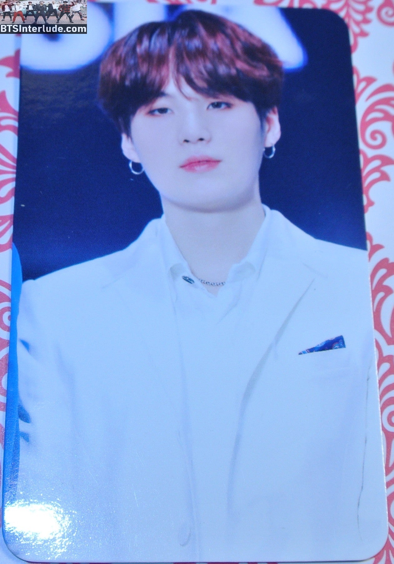 BTS PHOTOCARD FANSITE SUGA MIN YOONGI 민윤기 RED HAIR WHITE JACKET SHIRT PHOTO CARD