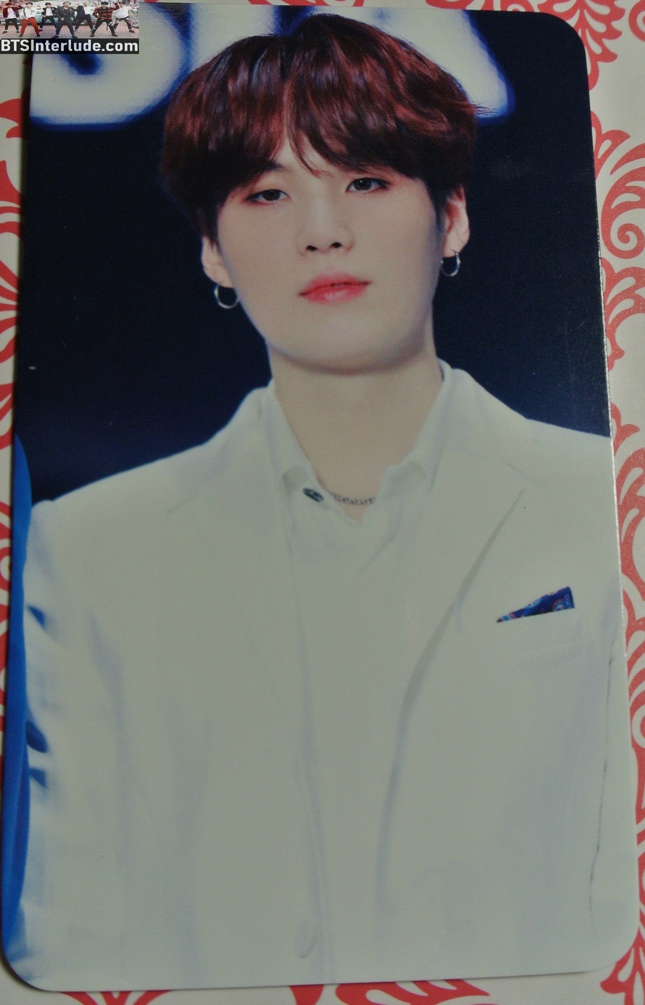 BTS PHOTOCARD FANSITE SUGA MIN YOONGI 민윤기 RED HAIR WHITE JACKET SHIRT PHOTO CARD
