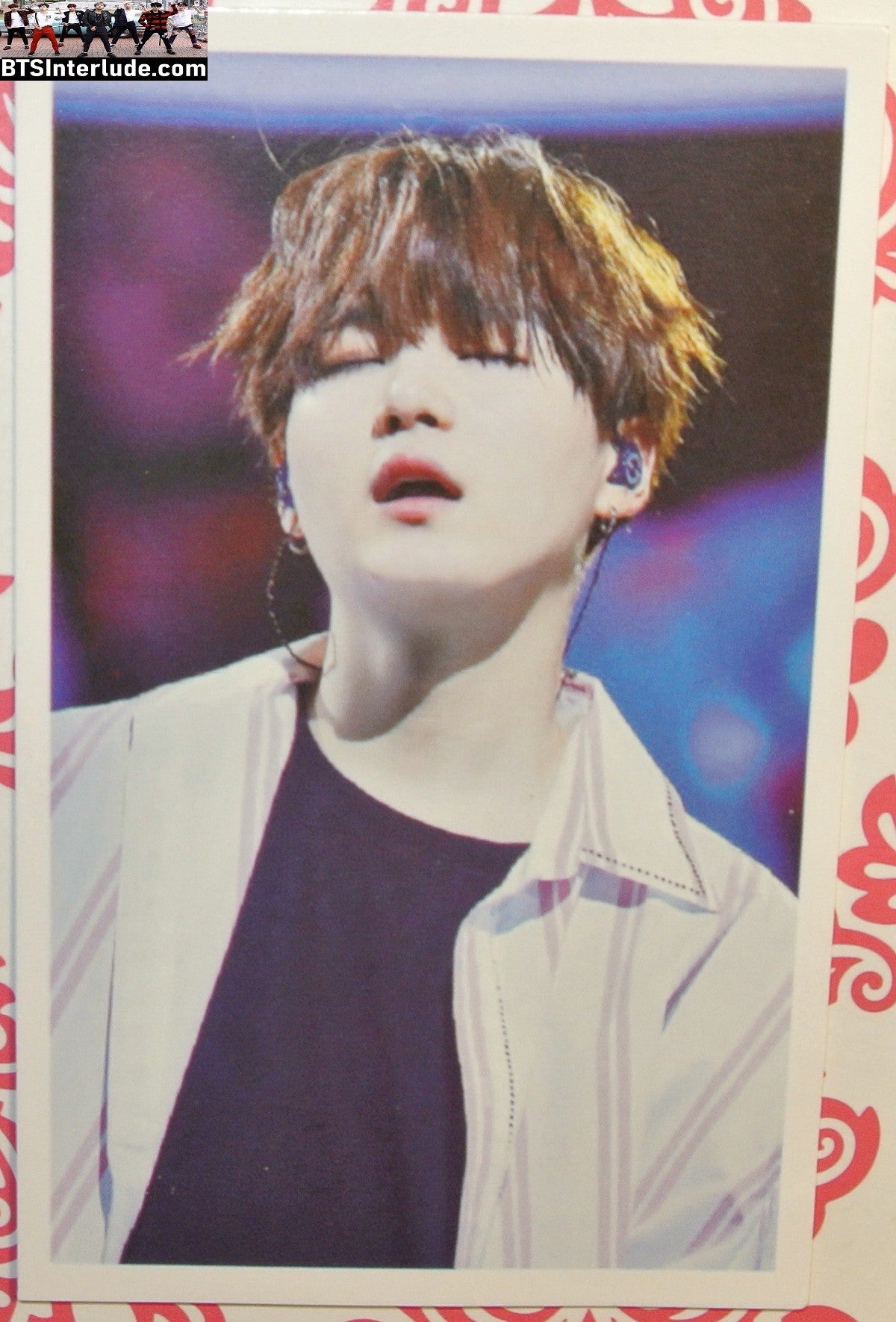BTS PHOTOCARD FANSITE SUGA MIN YOONGI 민윤기 WHITE PINSTRIPED SHIRT MOUTH OPEN PC PHOTO CARD