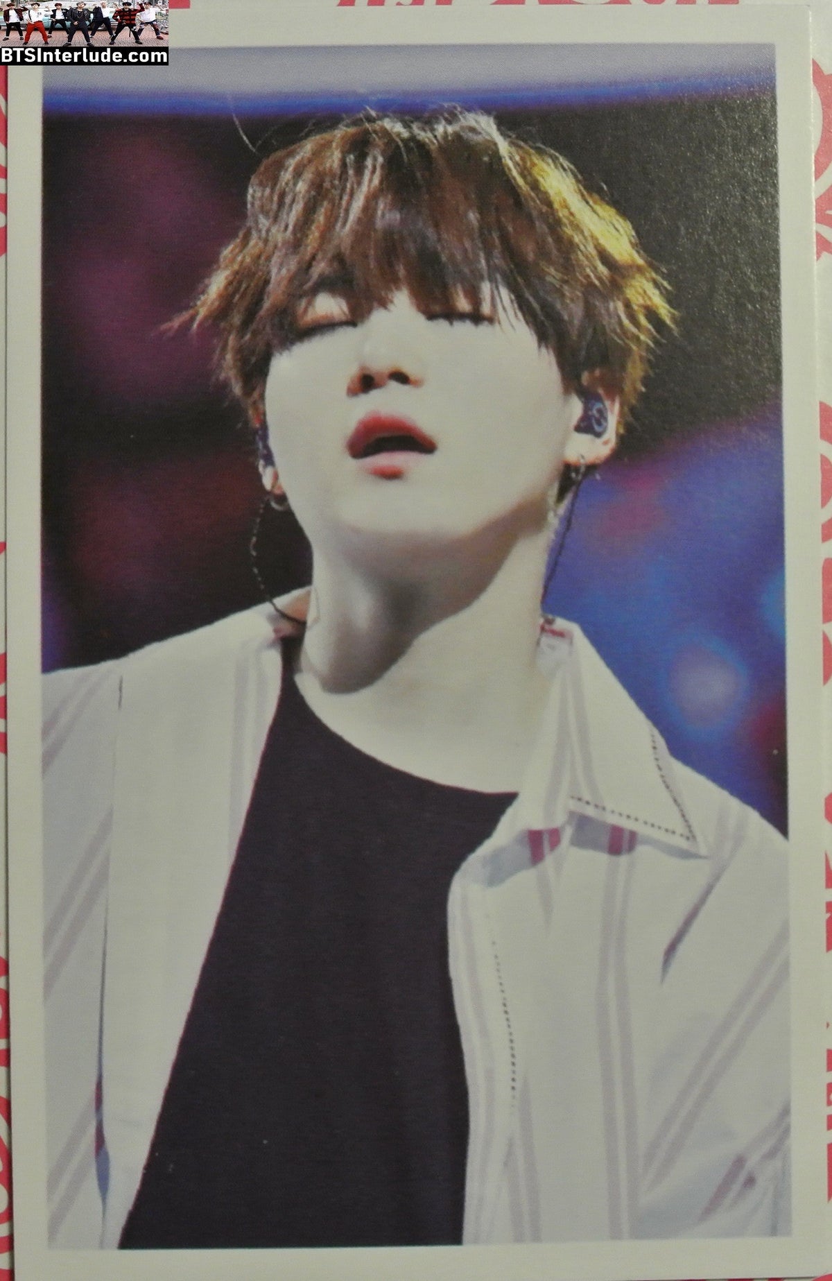 BTS PHOTOCARD FANSITE SUGA MIN YOONGI 민윤기 WHITE PINSTRIPED SHIRT MOUTH OPEN PC PHOTO CARD
